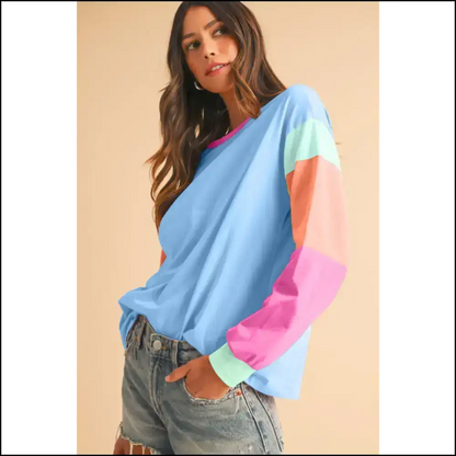 Blue Color Block Top: Dance Like no one Sees your Stains! Needful Things. 💙 - Pink / s - Long Sleeve Tops