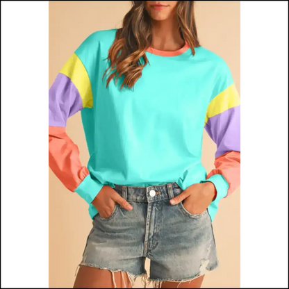 Blue Color Block Top: Dance Like no one Sees your Stains! Needful Things. 💙 - Long Sleeve Tops