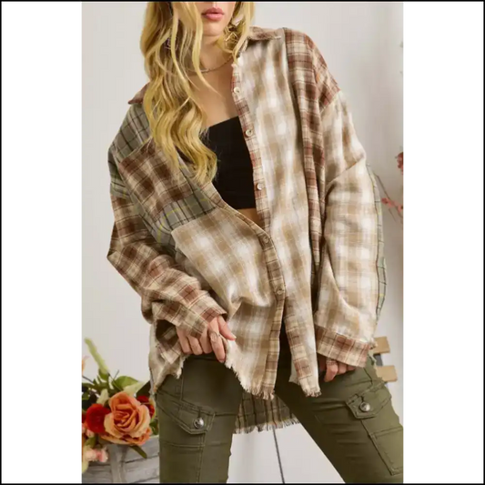 Brown Color Block Flannel Shacket: Chic Cozy-ish - s - Long Sleeve Tops