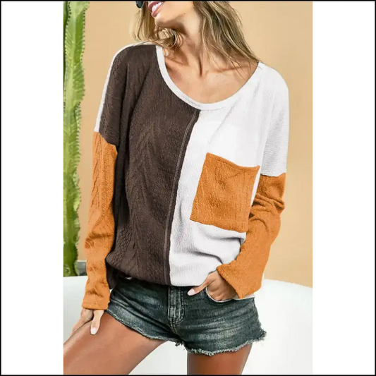 Brown Color Block Top: Chic or Die Trying ☕ Needful Things - s - Long Sleeve Tops