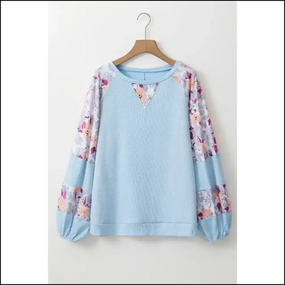 Beau Blue Crinkle Rib Floral Balloon Sleeve: so Cute it Hurts 💙🌼 - Apricot / s - Long Sleeve Tops