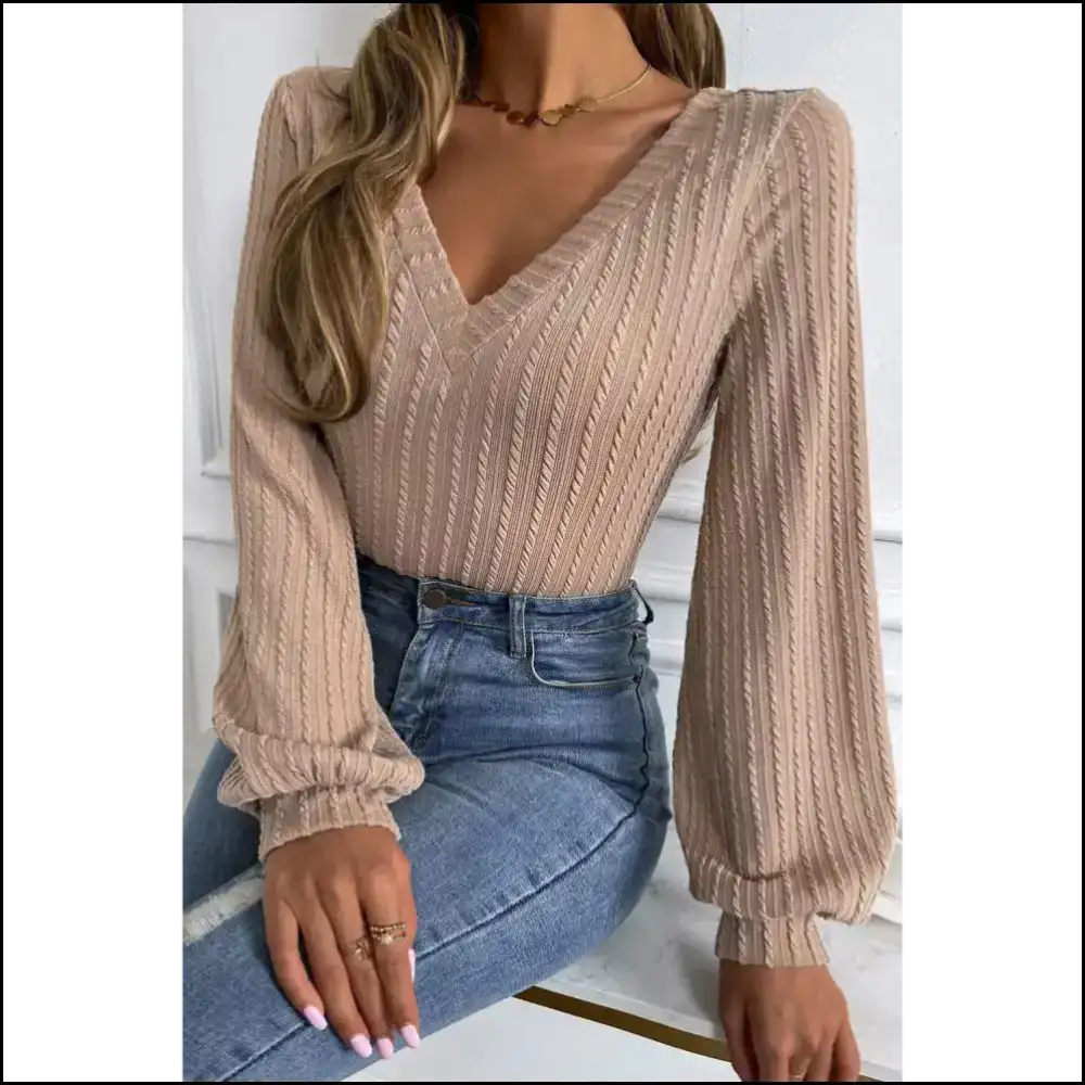 Khaki Knitted v Neck Lantern Sleeve: Fashion Hugs & Side Eyes 👀 - s - Long Sleeve Tops