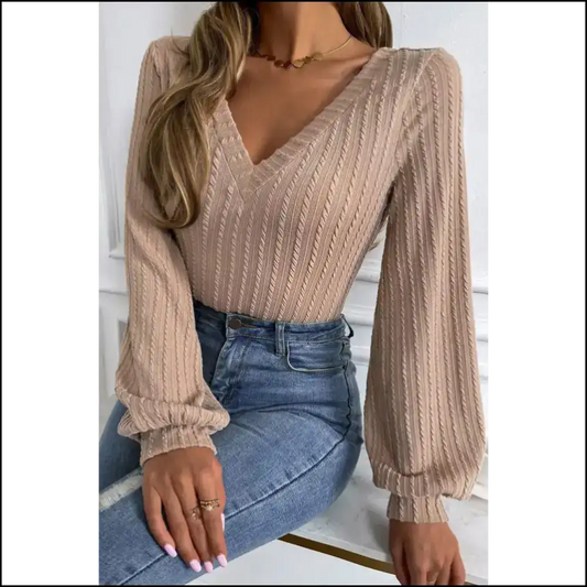 Khaki Knitted v Neck Lantern Sleeve: Fashion Hugs & Side Eyes 👀 - s - Long Sleeve Tops