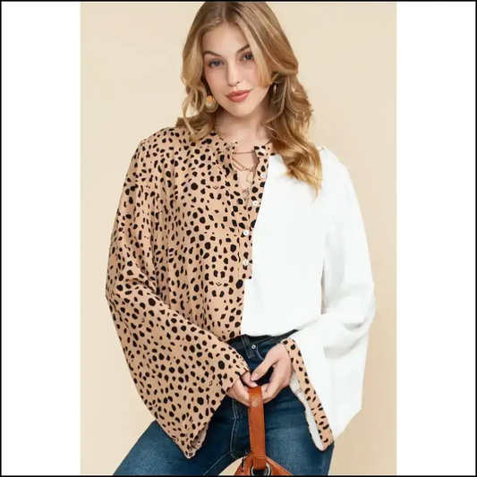 Khaki Leopard Patchwork Henley Blouse: Needful Things! 🐆🤣 - s - Long Sleeve Tops
