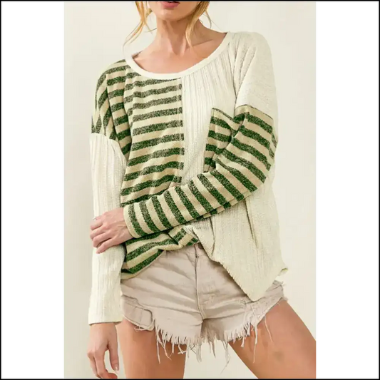 Khaki Striped Ribbed: so Chic it Hurts (a Little) Needful Things - s - Long Sleeve Tops