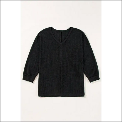 Black Wfle Knit v Neck: so Chic It’s Basically Magic ✨ - Long Sleeve Tops