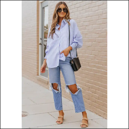Blue Casual Striped Shirt: Needful Things 💙 Light so You! - Long Sleeve Tops