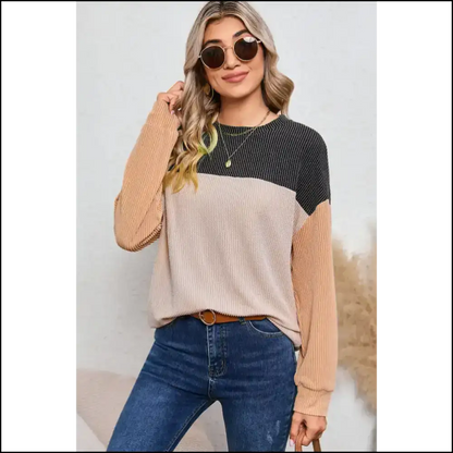 Black Ribbed Color Block Top: Look Good Feel Alive! 💀 Needful Things - Long Sleeve Tops