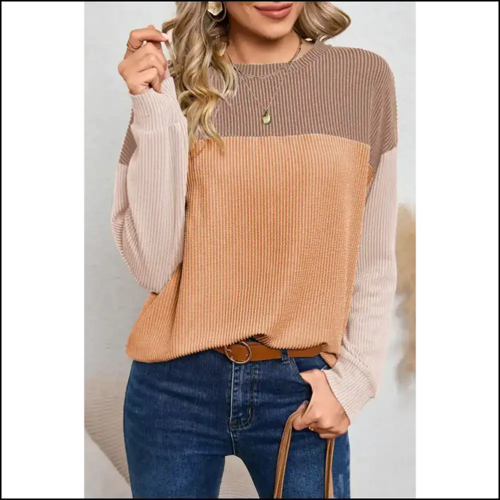 Black Ribbed Color Block Top: Look Good Feel Alive! 💀 Needful Things - Khaki / s - Long Sleeve Tops