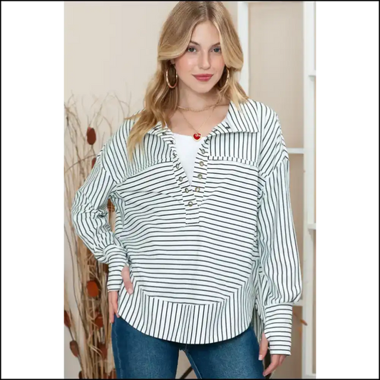 Striped Grommet Collared Top: so Chic it Hurts 🖤💀 Needful Things - White / s - Long Sleeve Tops