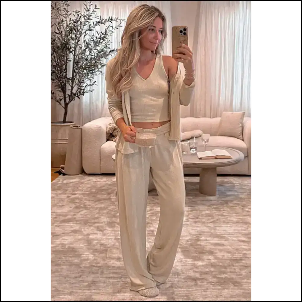 Oatmeal v Neck Pajama Set: Chic Snooze Button Activated by Needful Things 😴 - Loungewear Set