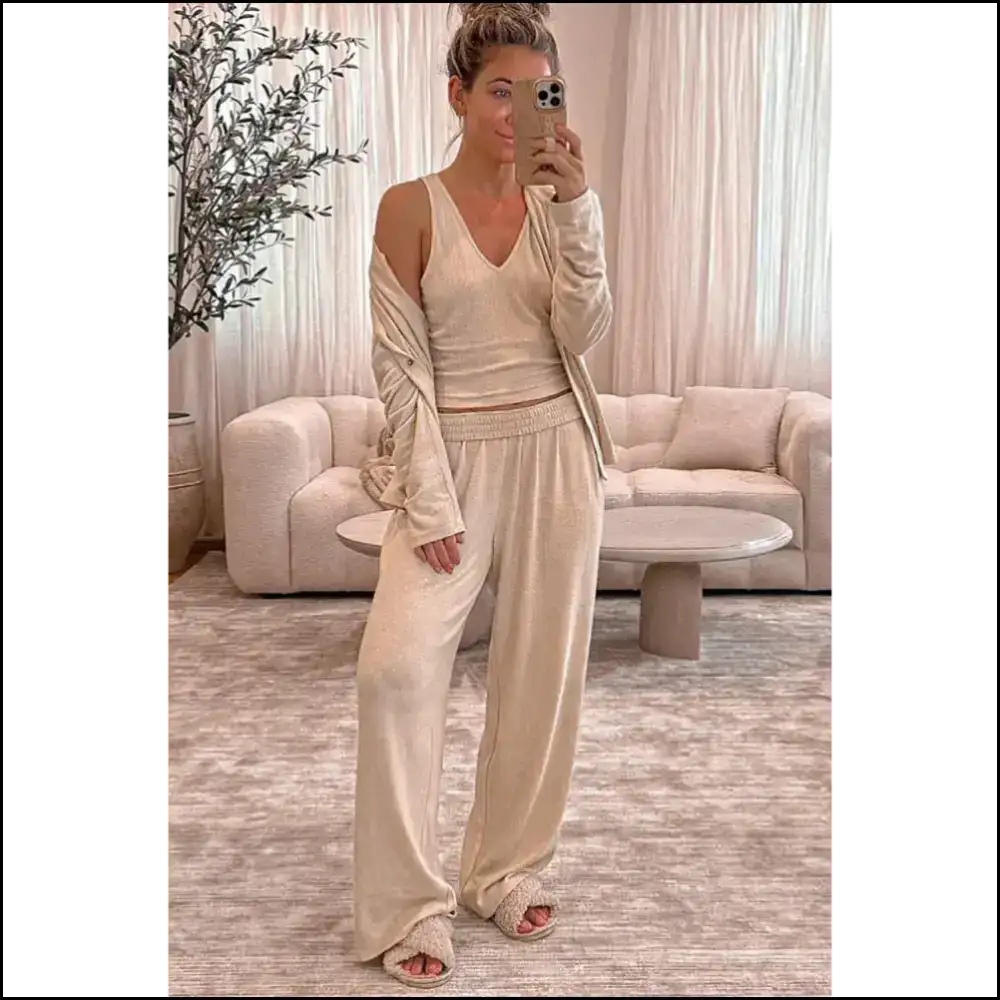 Oatmeal v Neck Pajama Set: Chic Snooze Button Activated by Needful Things 😴 - Loungewear Set