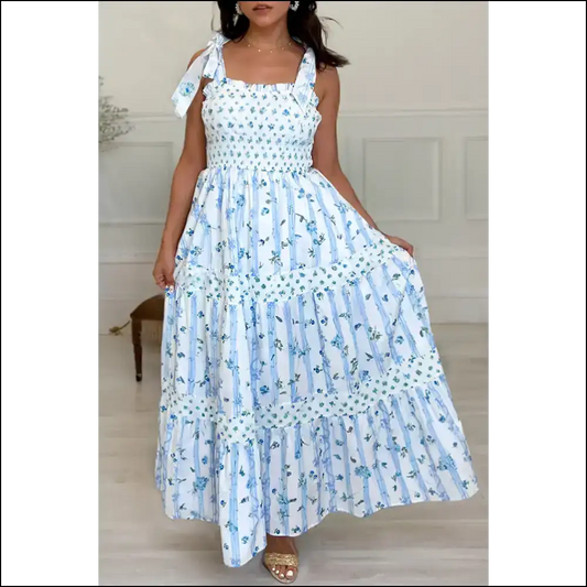 Sky Blue Floral Smocked A-line Maxi Dress - s - Dresses