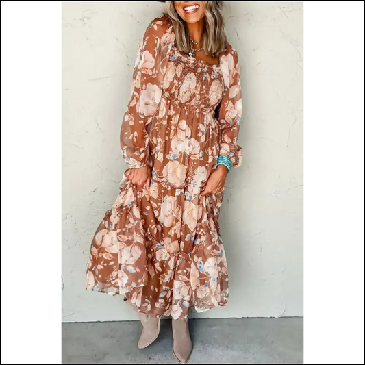 Brown Floral Shirred Square Maxi Dress: Instant Fabulous! Needful Things 😉 / s Dresses