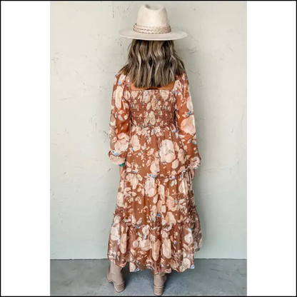 Brown Floral Shirred Square Maxi Dress: Instant Fabulous! Needful Things 😉 Dresses