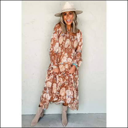 Brown Floral Shirred Square Maxi Dress: Instant Fabulous! Needful Things 😉 Dresses