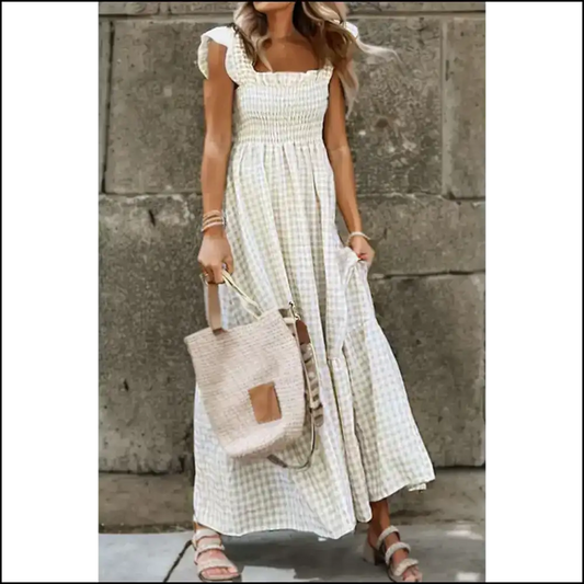 Khaki Plaid Maxi Dress: from Drab to Fab 👗 Needful Things - s - Dresses
