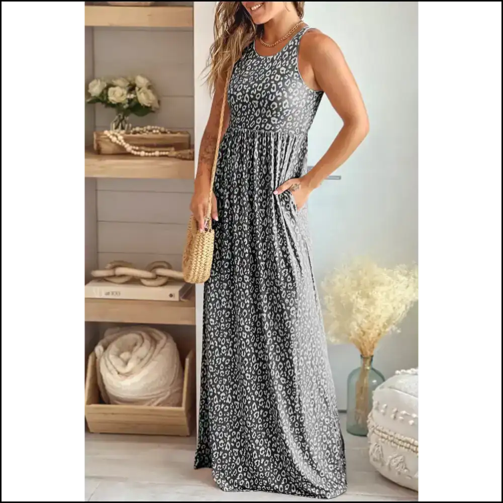 Pink Sleeveless Leopard Print Dress: Hear me Roar! 🐆 Needful Things - Gray / s - Maxi Dresses