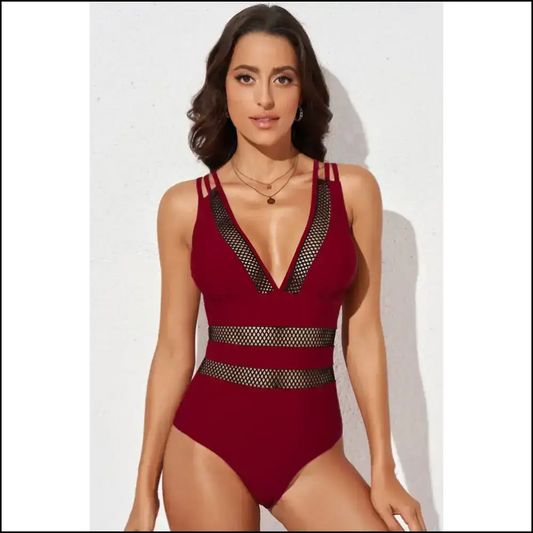 Flirty Floral Mesh Plunge one Piece Swimsuit Red / m