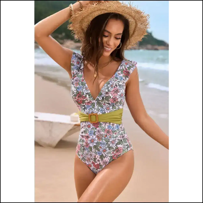 Ruffled Plunge Floral Swimwear: Dive in Stand out and Avoid Sunscreen Drama! 🌊💁‍♀️ - Blue / s - One-piece