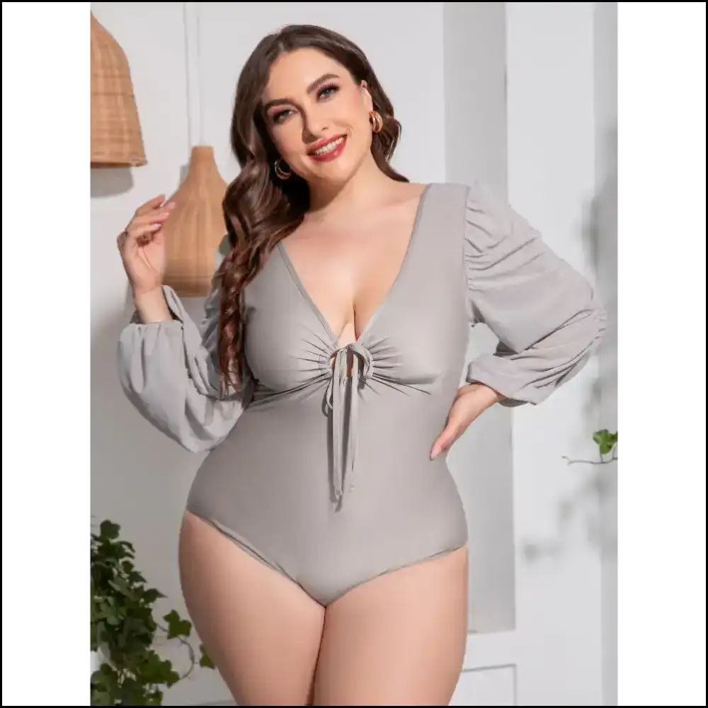Plus Size Tied Deep v Balloon Sleeve Swimsuit - Light Grey / 4xl - One-piece
