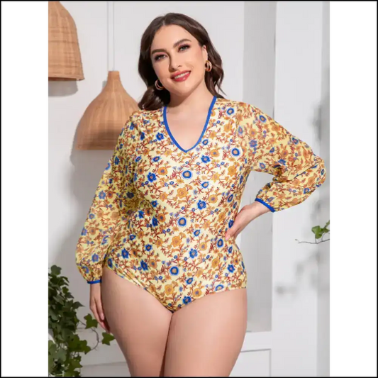 Dive Into Curves: One-piece Floral Fun with Long Sleeves! 🌊✨ - Gold / 2xl - One-piece