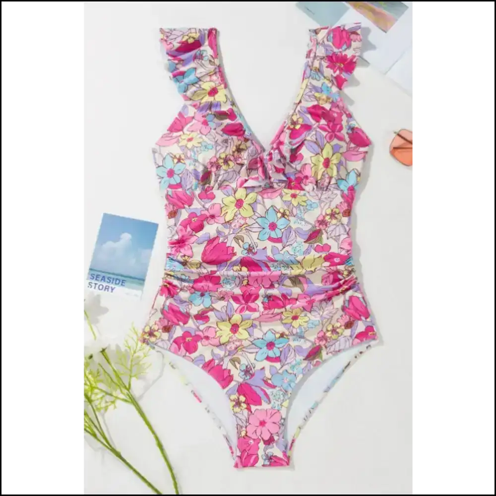 Floral Ruffle Trim Tummy Control one Piece Swimsuit Fuchsia / s