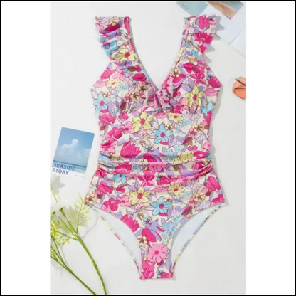 Floral Ruffle Trim Tummy Control one Piece Swimsuit Fuchsia / s