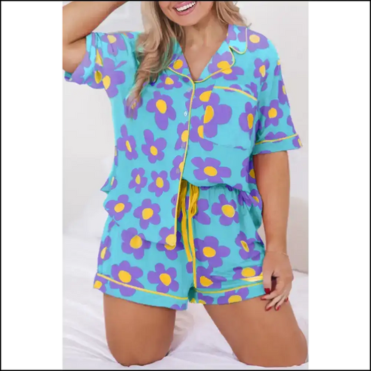 Sky Blue Floral Contrast Trim: Pajamas for People who Relax 😴 - 1x - Plus Size Matching Sets