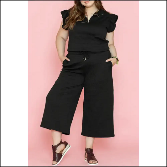 Ruffled Sleeve Quarter Zip: Finally Pants that Fit! Needful Things 😉 - Black / 1x - Plus Size Matching Sets