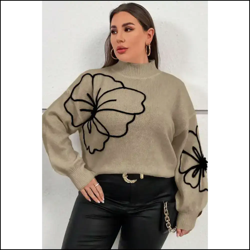 Dark Khaki Flower Pattern High Neck Sweater: Hug! Needful Things 🌼💀 - Plus Size Sweaters&cardigans