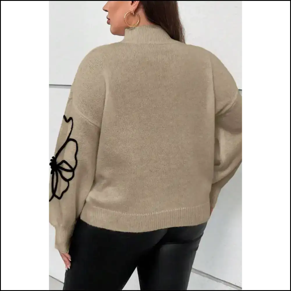 Dark Khaki Flower Pattern High Neck Sweater: Hug! Needful Things 🌼💀 - Plus Size Sweaters&cardigans