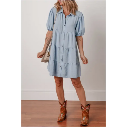 Beau Blue Puff Sleeve Button-up Shift Dress - Short Dresses