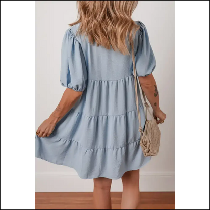 Beau Blue Puff Sleeve Button-up Shift Dress - Short Dresses
