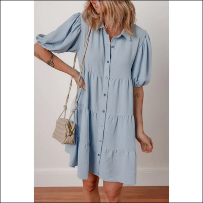 Beau Blue Puff Sleeve Button-up Shift Dress - Short Dresses