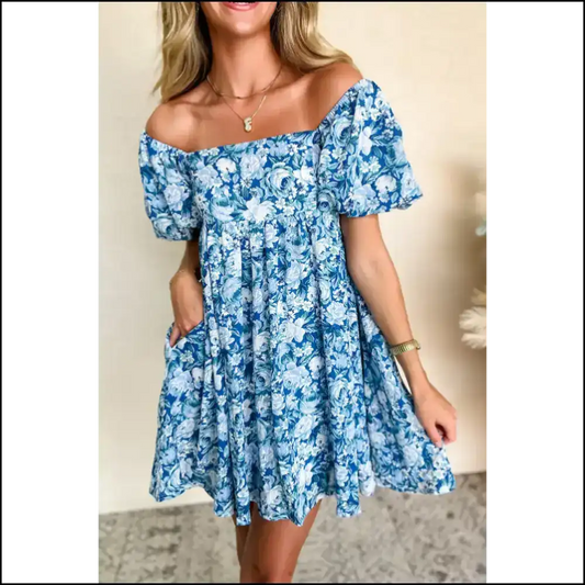 Blue Floral Puff Dress: Less Sad More Rad 💙🌼 Needful Things - s - Short Dresses