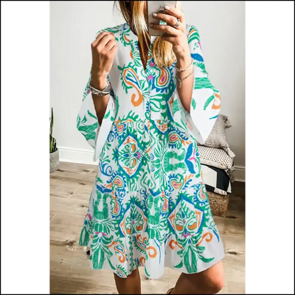 Boho Chic Green Ethnic Print Mini Dress: Dress Like you Own the Joint 👗 Needful Things Short Dresses