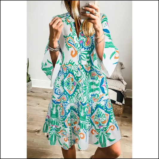 Boho Chic Green Ethnic Print Mini Dress: Dress Like you Own the Joint 👗 Needful Things Short Dresses