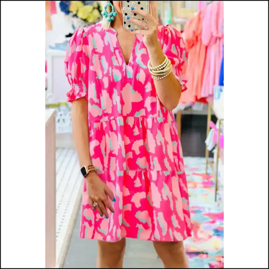 Pink Abstract Mini Dress: Neck Smocked Sleeves! 😈 Needful Things / s Short Dresses