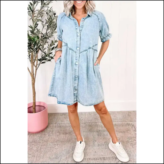Ruffled Denim Dress: Grey Ready to Slay 😈 Beau Blue / s Short Dresses