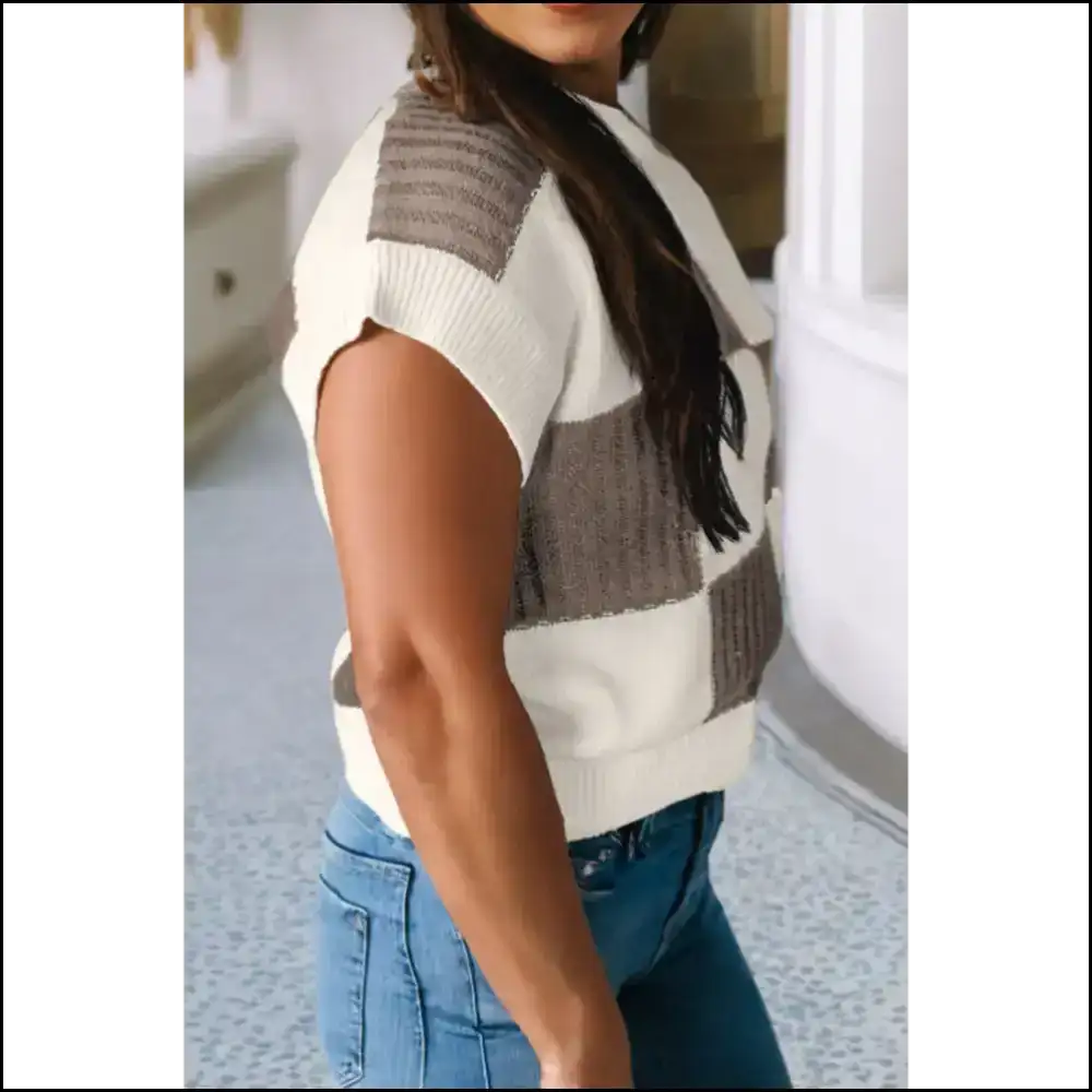 Goddess on a Budget: Light Blue Checkered Color Block 💙 - Short Sleeve Sweater