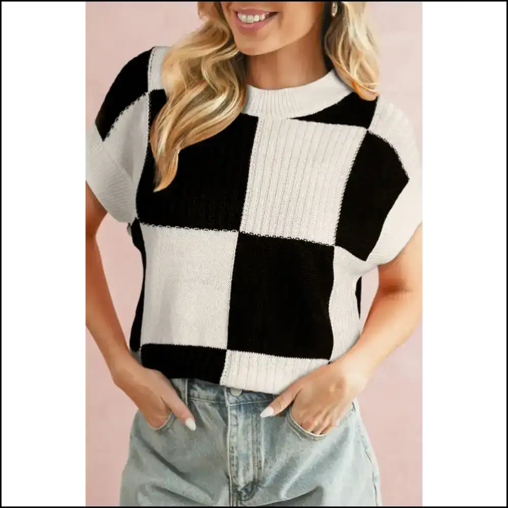 Goddess on a Budget: Light Blue Checkered Color Block 💙 - Short Sleeve Sweater