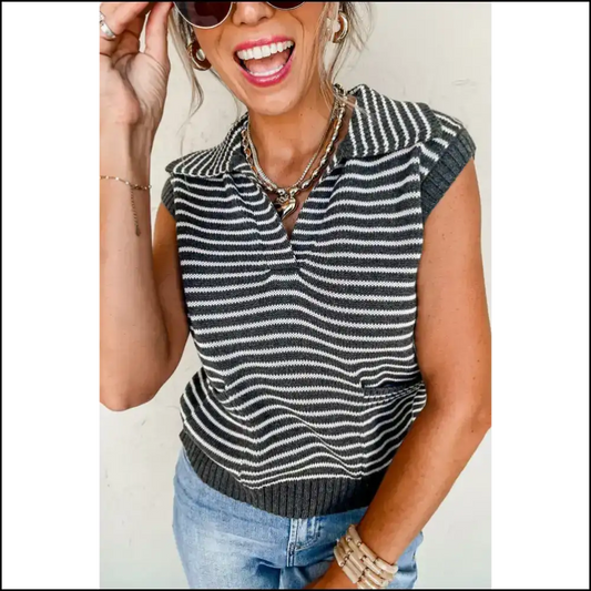 Gray Stripe Sweater Vest: so Bad It’s Needful Things Good 😈 - s - Short Sleeve