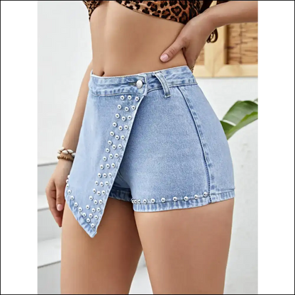 Chic Asymmetrical Studded Denim Shorts