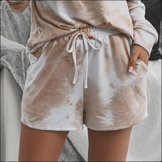 Shiny Tie-dye Drawstring Shorts with Pockets - Khaki / Xl