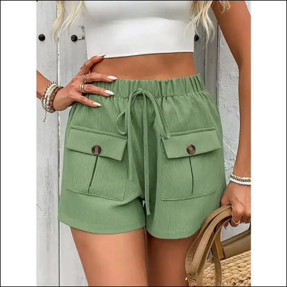 Perfee Tied Elastic Waist Shorts with Pockets Gum Leaf / s