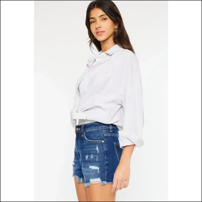 Kancan High Rise Frayed Hem Denim Shorts
