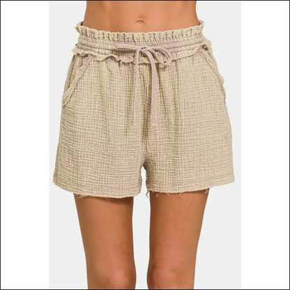 Zenana Frayed Hem Drawstring Shorts - Mocha / s