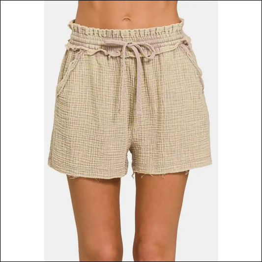 Zenana Frayed Hem Drawstring Shorts - Mocha / s