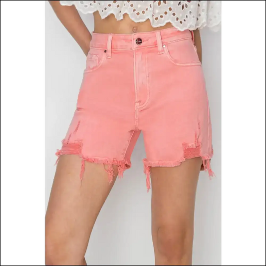 Risen High Rise Distressed Denim Shorts - Flamingo / s